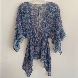 Blue floral silk kimono style top